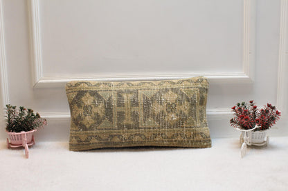 Vintage Turkish Kilim Lumbar Pillow Cover: Handmade Wool Accent (12x20 in)