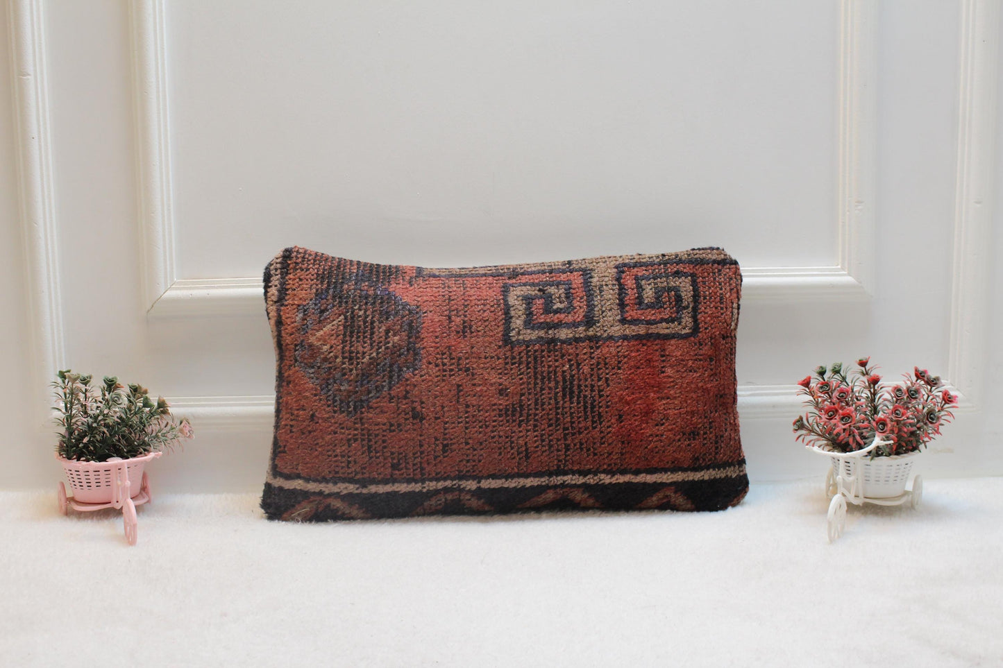 Red Wool Turkish Rug Lumbar Pillow Cover: Vintage Kilim, 12x20 inc