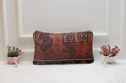 Red Wool Turkish Rug Lumbar Pillow Cover: Vintage Kilim, 12x20 inc