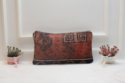 Red Wool Turkish Rug Lumbar Pillow Cover: Vintage Kilim, 12x20 inc