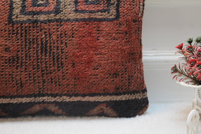 Red Wool Turkish Rug Lumbar Pillow Cover: Vintage Kilim, 12x20 inc
