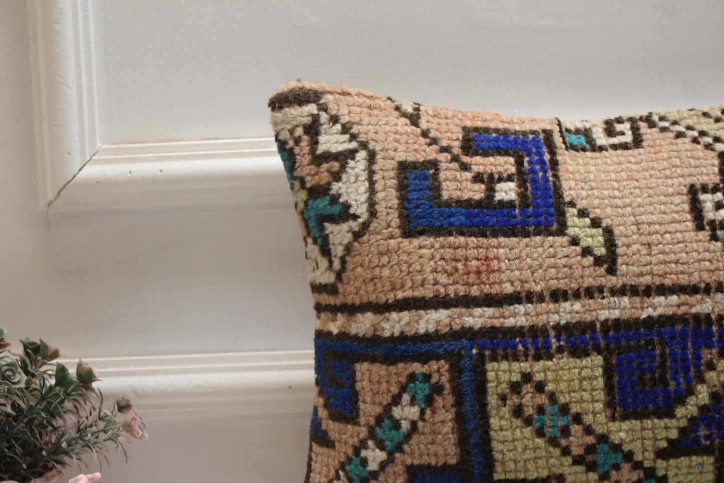 Vintage Turkish Rug Pillow Cover: Beige & Blue Wool Lumbar Pillow (12x20 in)