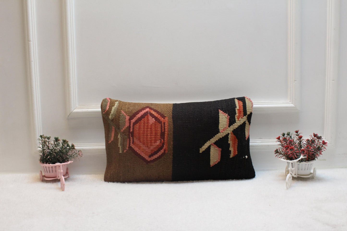 Handmade Kilim Pillow Cover: Upcycled Turkish Rug, Bohemian Decor (12x20 inc)