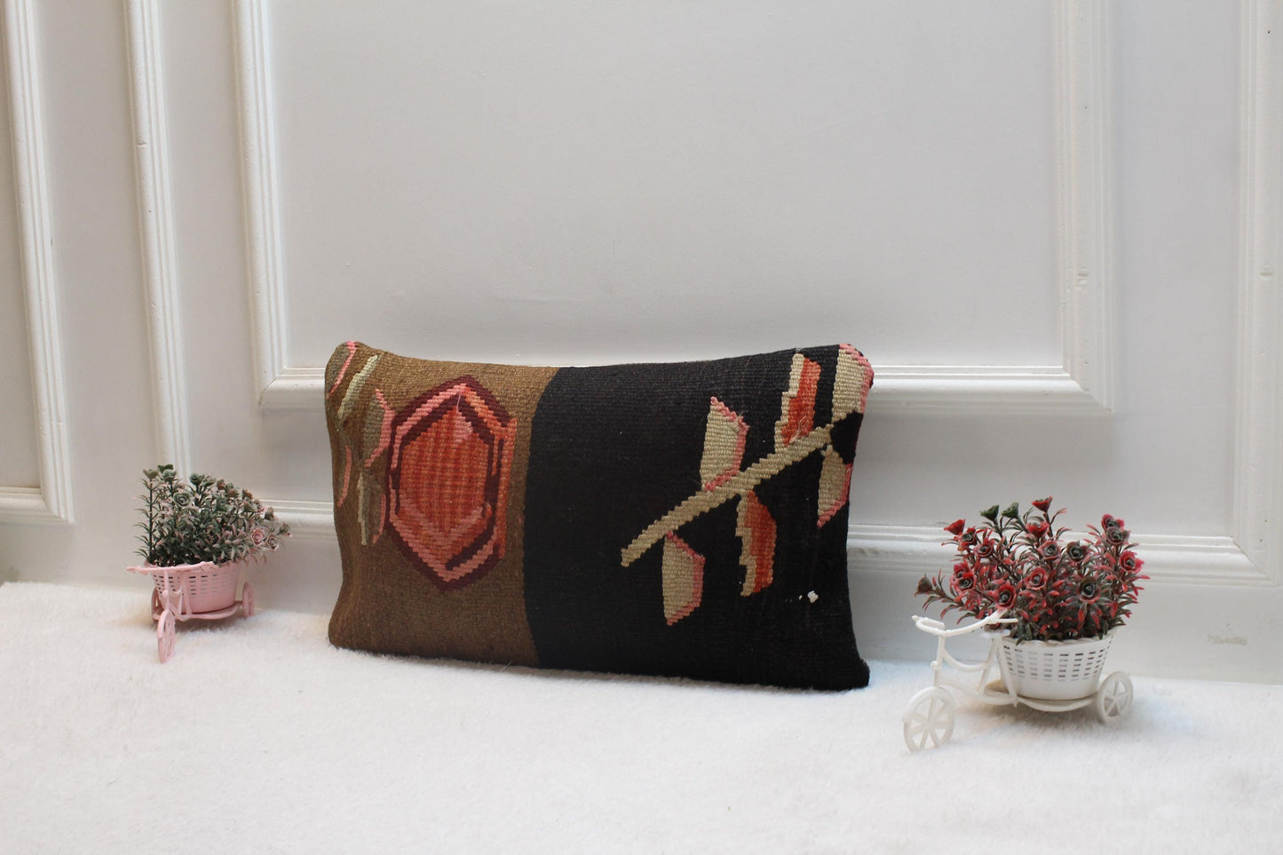 Handmade Kilim Pillow Cover: Upcycled Turkish Rug, Bohemian Decor (12x20 inc)