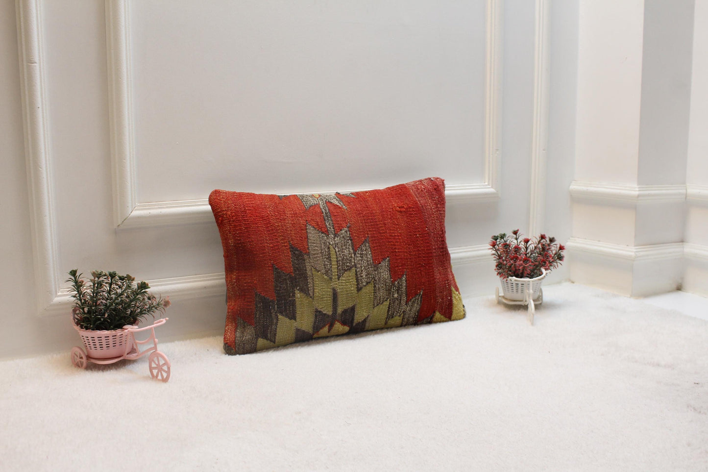 Geometric Kilim Lumbar Pillow Cover: Handmade Turkish Wool, 12x20 inch