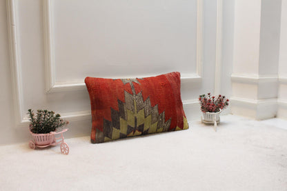 Geometric Kilim Lumbar Pillow Cover: Handmade Turkish Wool, 12x20 inch