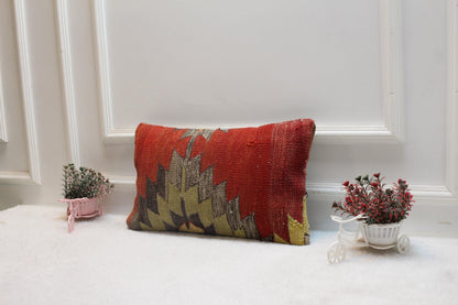 Geometric Kilim Lumbar Pillow Cover: Handmade Turkish Wool, 12x20 inch