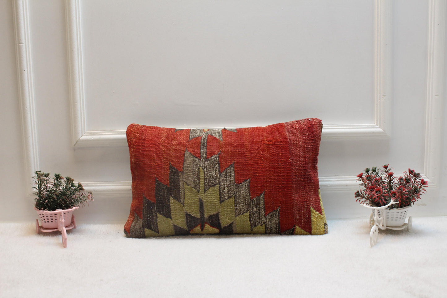 Geometric Kilim Lumbar Pillow Cover: Handmade Turkish Wool, 12x20 inch