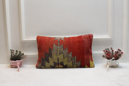 Geometric Kilim Lumbar Pillow Cover: Handmade Turkish Wool, 12x20 inch