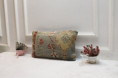 Handmade Turkish Rug Pillow Cover: Vintage Boho Wool Lumbar Pillow (12x20 in)
