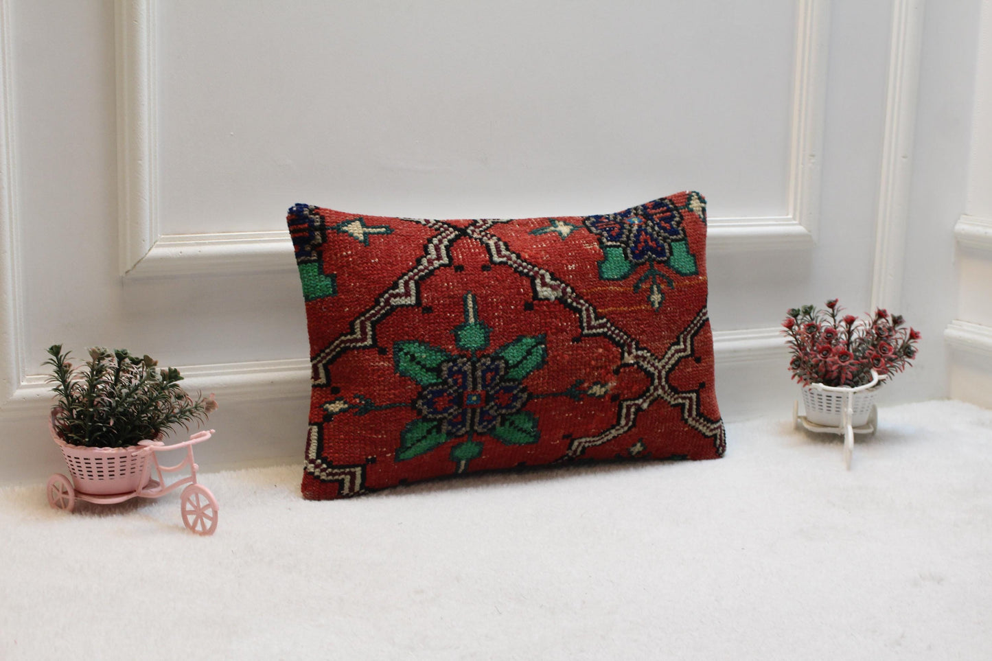 Red Turkish Rug Pillow Cover: Handmade Boho Carpet Pillow (12x20 in)