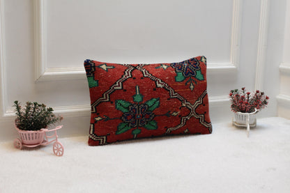 Red Turkish Rug Pillow Cover: Handmade Boho Carpet Pillow (12x20 in)