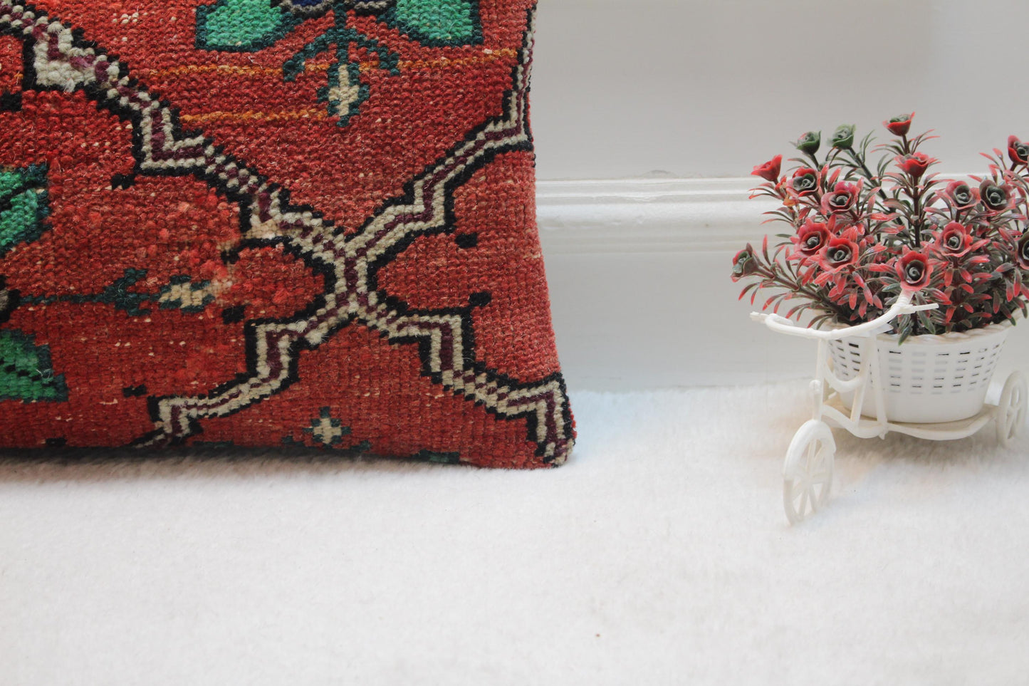 Red Turkish Rug Pillow Cover: Handmade Boho Carpet Pillow (12x20 in)