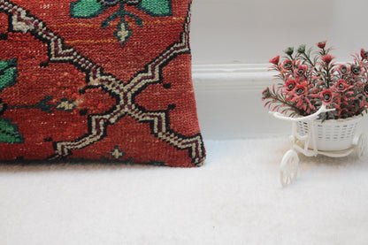 Red Turkish Rug Pillow Cover: Handmade Boho Carpet Pillow (12x20 in)