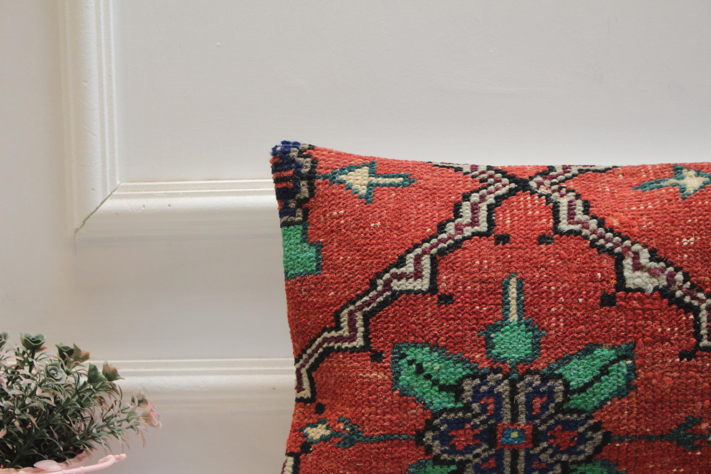 Red Turkish Rug Pillow Cover: Handmade Boho Carpet Pillow (12x20 in)