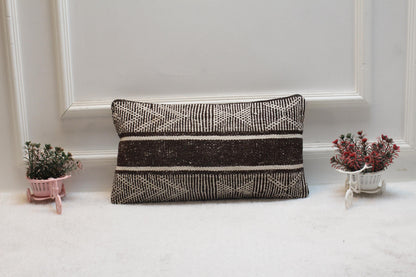 Handmade Kilim Pillow Cover: Organic Wool, Brown & White (12x20 in)