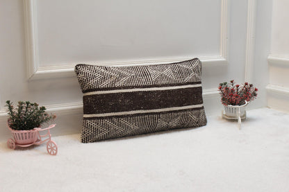 Handmade Kilim Pillow Cover: Organic Wool, Brown & White (12x20 in)
