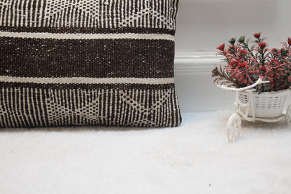 Handmade Kilim Pillow Cover: Organic Wool, Brown & White (12x20 in)