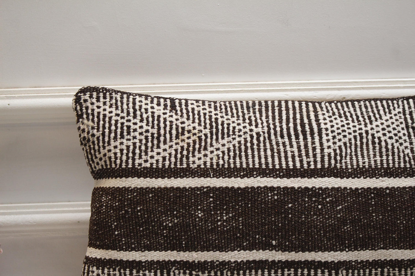 Handmade Kilim Pillow Cover: Organic Wool, Brown & White (12x20 in)