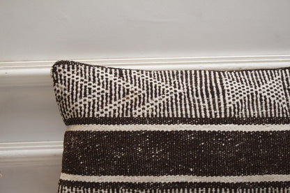 Handmade Kilim Pillow Cover: Organic Wool, Brown & White (12x20 in)