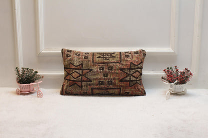 Handmade Turkish Kilim Pillow Cover: Organic Wool Lumbar Cushion (12x20 in)