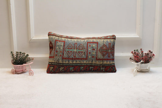 Vintage Turkish Rug Lumbar Pillow Cover: Organic Wool, 12x20 inch