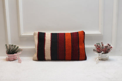 Striped Kilim Pillow Cover: Handmade Boho Lumbar Cushion (12x20 in)