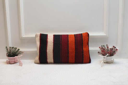 Striped Kilim Pillow Cover: Handmade Boho Lumbar Cushion (12x20 in)