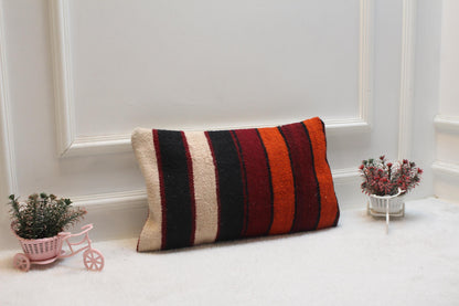 Striped Kilim Pillow Cover: Handmade Boho Lumbar Cushion (12x20 in)