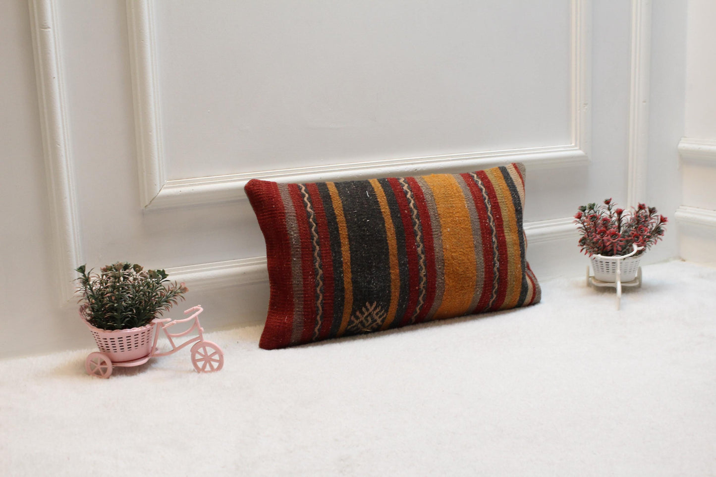 Handmade Striped Kilim Pillow: Organic Wool Lumbar Cover (12x20 in)
