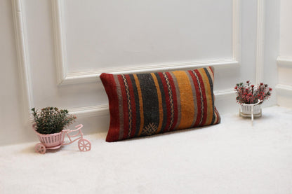 Handmade Striped Kilim Pillow: Organic Wool Lumbar Cover (12x20 in)