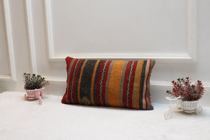 Handmade Striped Kilim Pillow: Organic Wool Lumbar Cover (12x20 in)