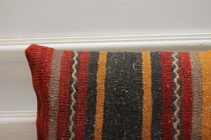 Handmade Striped Kilim Pillow: Organic Wool Lumbar Cover (12x20 in)