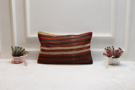 Vintage Kilim Pillow Cover: Handmade Organic Wool Lumbar Cushion (12x20 inc)