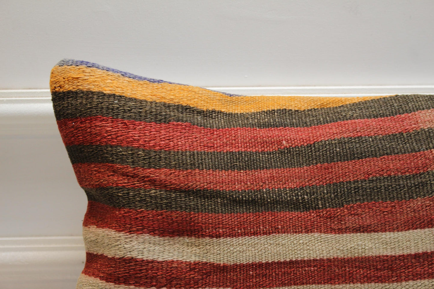 Vintage Kilim Pillow Cover: Handmade Organic Wool Lumbar Cushion (12x20 inc)