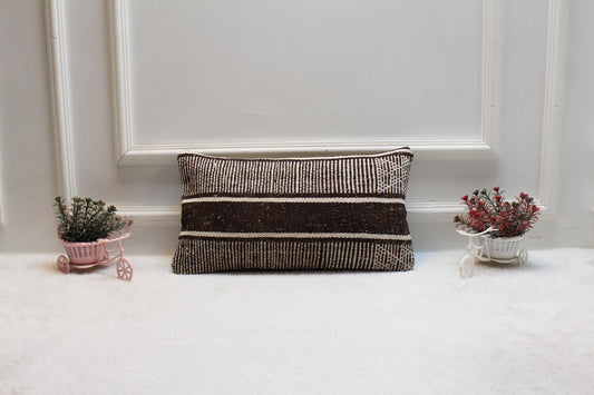 Striped Kilim Pillow Cover: Organic Wool, Vintage Design (12x20 in)