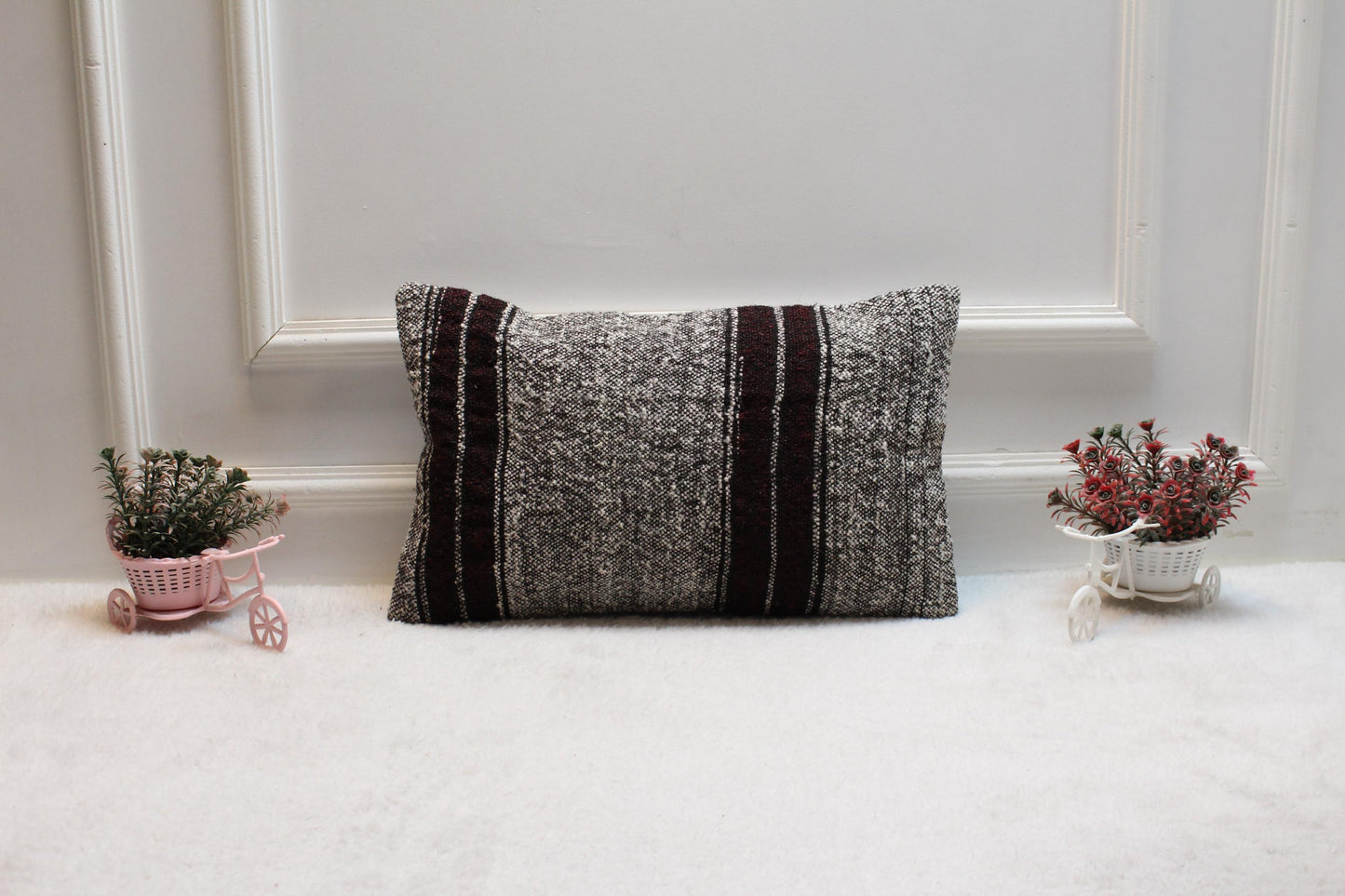 Handmade Gray Kilim Pillow Cover: Organic Wool Lumbar Pillow, 12x20 inch