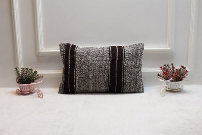 Handmade Gray Kilim Pillow Cover: Organic Wool Lumbar Pillow, 12x20 inch