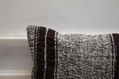 Handmade Gray Kilim Pillow Cover: Organic Wool Lumbar Pillow, 12x20 inch
