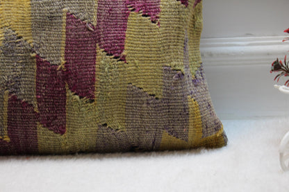 Geometric Kilim Pillow Cover: Rainbow Woven Rug, Upcycled Wool (12x20 in)