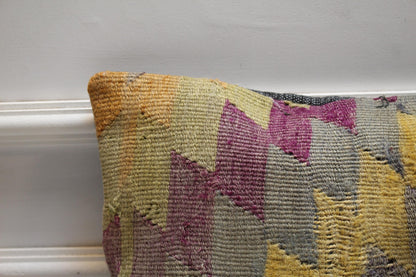Geometric Kilim Pillow Cover: Rainbow Woven Rug, Upcycled Wool (12x20 in)