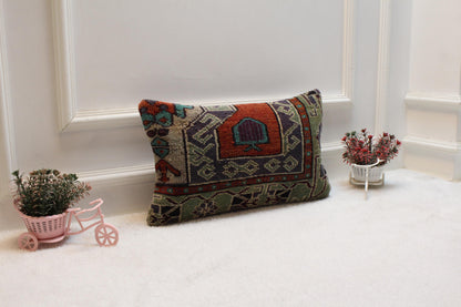 Handmade Turkish Kilim Pillow Cover: Upcycled Woven Rug, 12x20 inch
