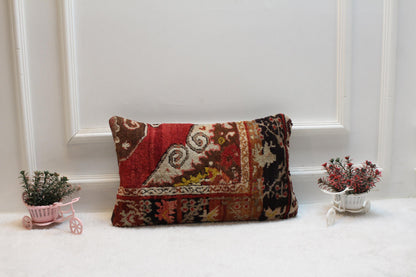 Handmade Red Turkish Rug Pillow Cover: Vintage Lumbar Pillow (12x20 inc)