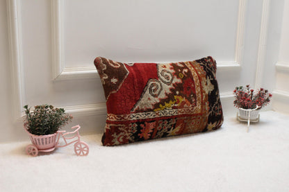 Handmade Red Turkish Rug Pillow Cover: Vintage Lumbar Pillow (12x20 inc)