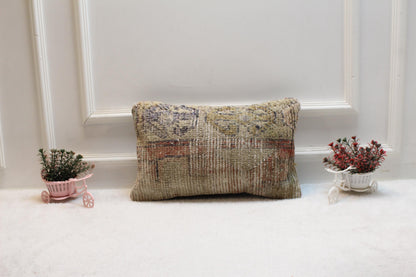Beige Vintage Turkish Rug Lumbar Pillow Cover (12x20 in)