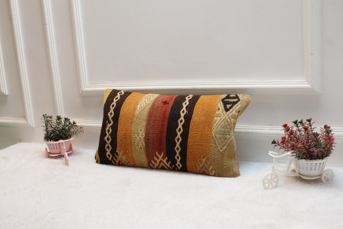 Handmade Striped Kilim Lumbar Pillow Cover, 12x20 inch