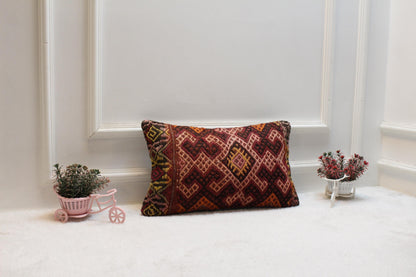 Geometric Kilim Pillow Cover: Handmade Organic Wool, Rainbow (12x20 in)