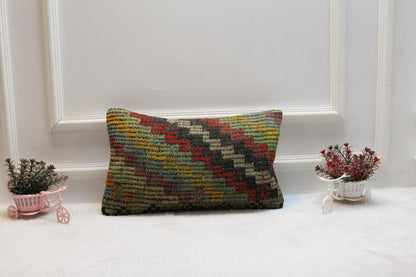 Handmade Kilim Lumbar Pillow Cover: Boho Rainbow Woven Rug, 12x20 inch
