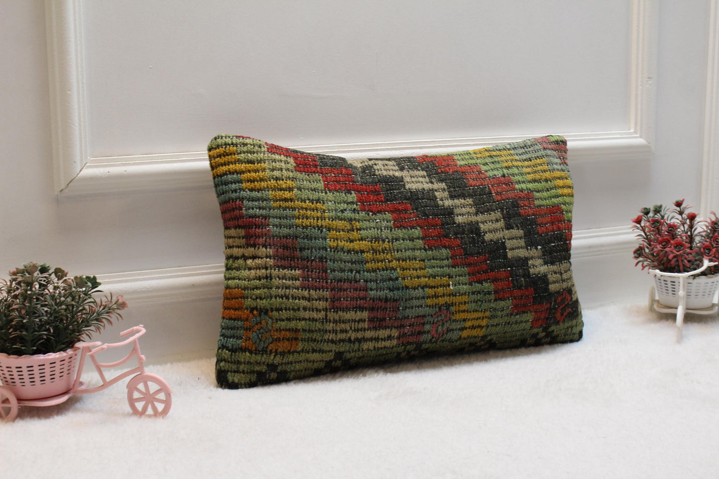 Handmade Kilim Lumbar Pillow Cover: Boho Rainbow Woven Rug, 12x20 inch