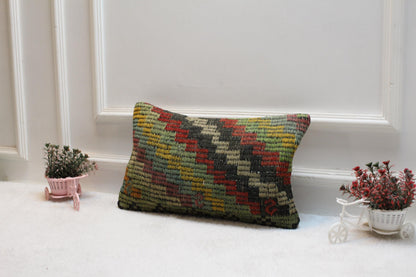 Handmade Kilim Lumbar Pillow Cover: Boho Rainbow Woven Rug, 12x20 inch